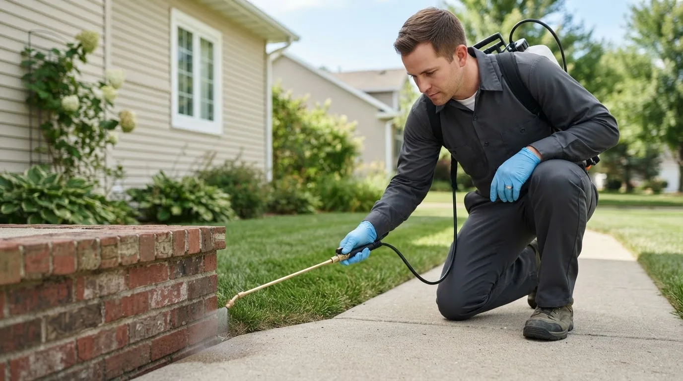 Pest control technician treating a home near Huntersville, NC